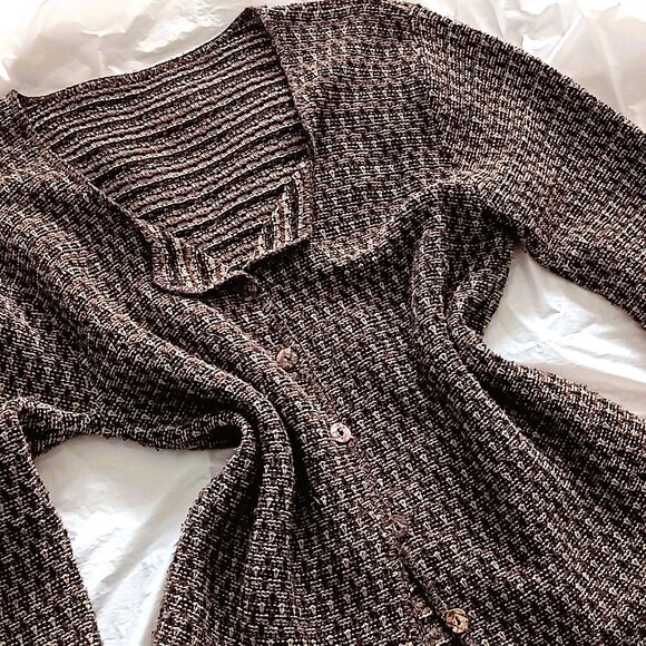 DARK GOLD, BLACK, BROWN CARDIGAN SWEATER W/SHELL BUTTONS, COTTON BLEND. SM, MED - Picture 1 of 5